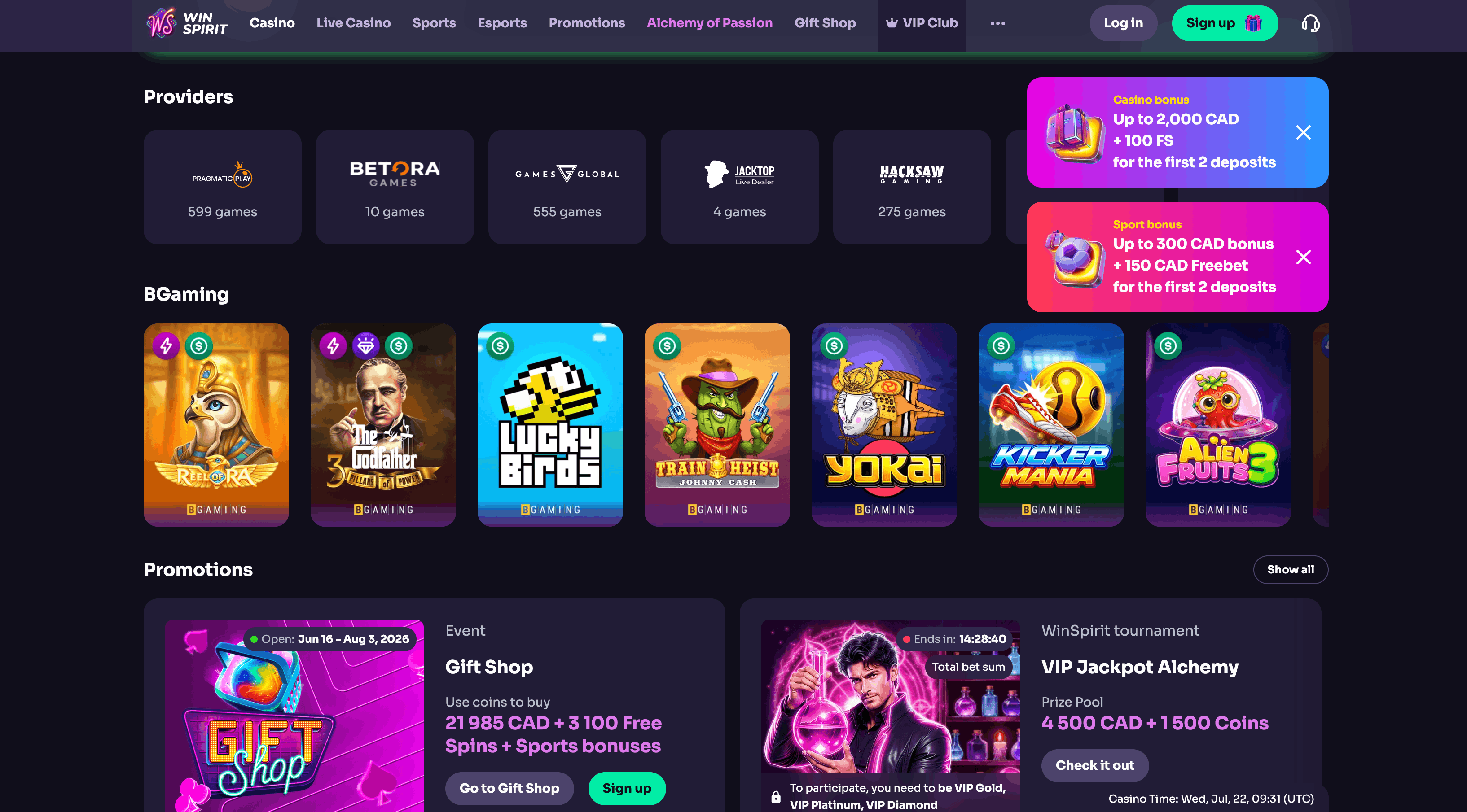 Win Spirit casino app lobby on a mobile screen